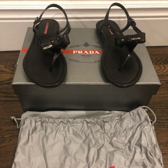 Prada  Authentic Black Bow Sandals Size 37 1/2 - Picture 1 of 6
